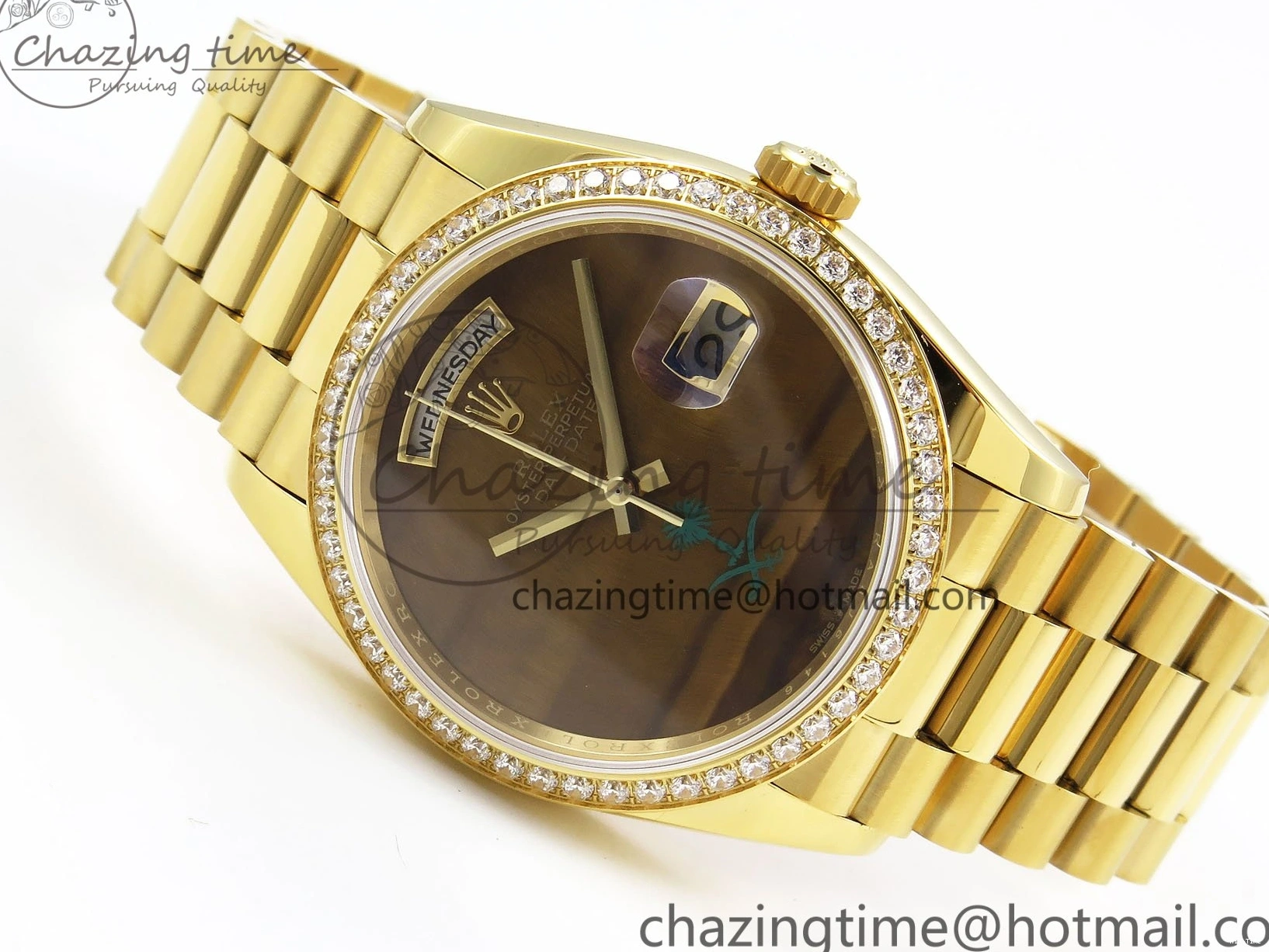 MiroTime 0121 WaterResistant Day Date 36 YG RAF 1:1 Best Edition Brown Oman Dial Diamonds Bezel on YG Bracelet A 1518